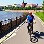 **

A vibrant, colorful bicycle path winding alongside the Vistula River in Krakow. Cyclists of all ages are enjoying the ride on a sunny day, with the Wawel Castle visible in the background. Focus on the joy and freedom of cycling in a beautiful urban setting. The image should evoke a sense of Polish culture and urban life.

**