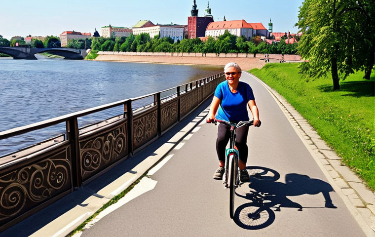 **
A vibrant, colorful bicycle path winding alongside the Vistula River in Krakow. Cyclists of all ages are enjoying the ride on a sunny day, with the Wawel Castle visible in the background. Focus on the joy and freedom of cycling in a beautiful urban setting. The image should evoke a sense of Polish culture and urban life.
**
